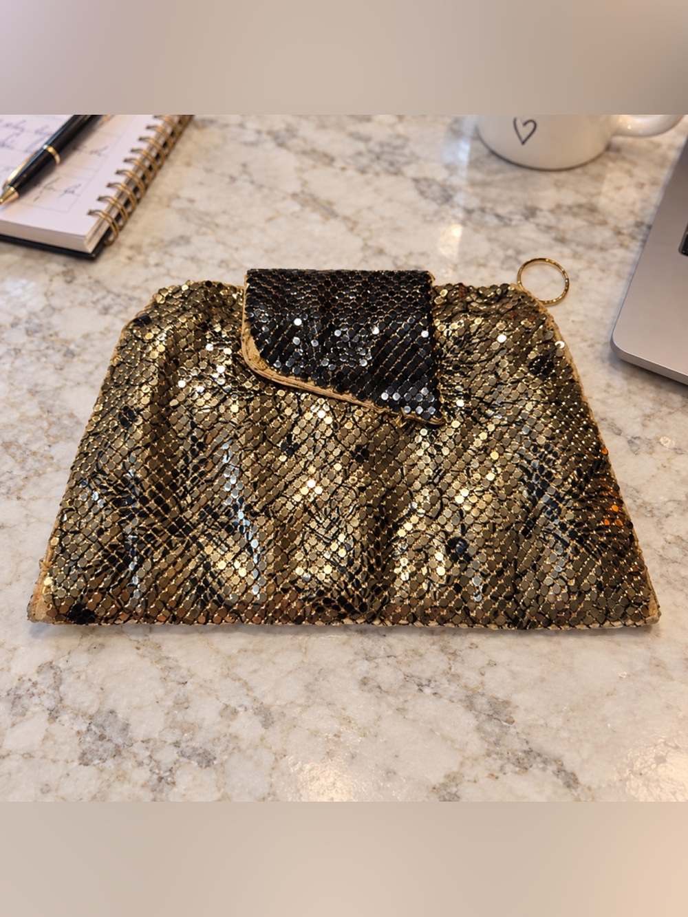 Vintage Whiting & Davis Gold & Black Mesh Evening Clutch / Bag